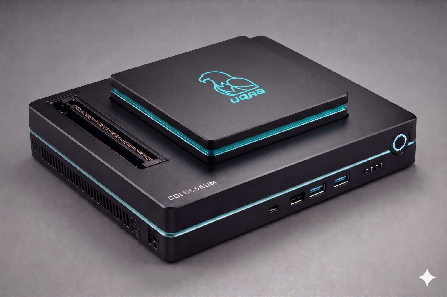 Uqab Core seated on the Nest dock with a graphics card slot